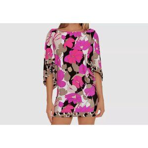 Trina Turk Pink White Black Floral Wide 3/4 Sleeve Tunic Dress Size Medium